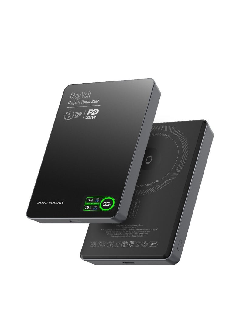 Powerology MagVolt Magnetic Power Bank 10000mAh Battery with Smart LED Display and Qi2 Wireless Charging / Ultra-Slim Powerbank PD 20W / Fast Charging Power Bank / Effortless Charging for Phone, Watch & Earbuds - Black - Image 1