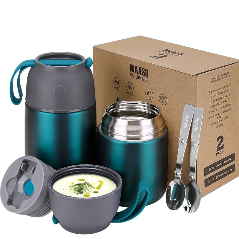 MAXSO 2 Pack Soup Thermo for Hot & Cold Food for Kids Adults  Vacuum Insulated Food Jar Thermal Lunch Containers  Travel Food Flask with Spoon (24 oz 17 oz) (Matte Green) - Image 1