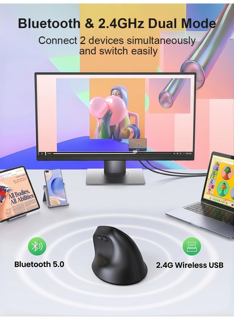 AMIJOY Vertical Mouse Ergonomic, Wireless Mouse with Bluetooth & 2.4G Dual Mode, 3 DPI Adjustable, Silent Clicks, Lightweight 88g, USB Mouse for Laptop, PC, Mac, Tablet - Black - Image 4