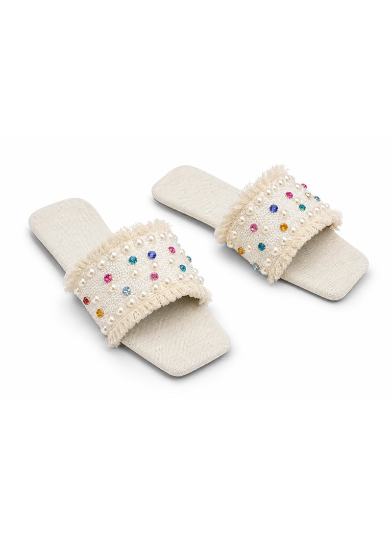 Women’s Flat Slippers and Slip-On Slide Sandals, Casual Summer Beach and Vacation Footwear with Open Back, Square Toe, Wide Strap, Pearl Beads, Multicolour Rhinestone Crystal Embellishments and Fringe – Off White and Multicolour – Code 5015 - Image 1