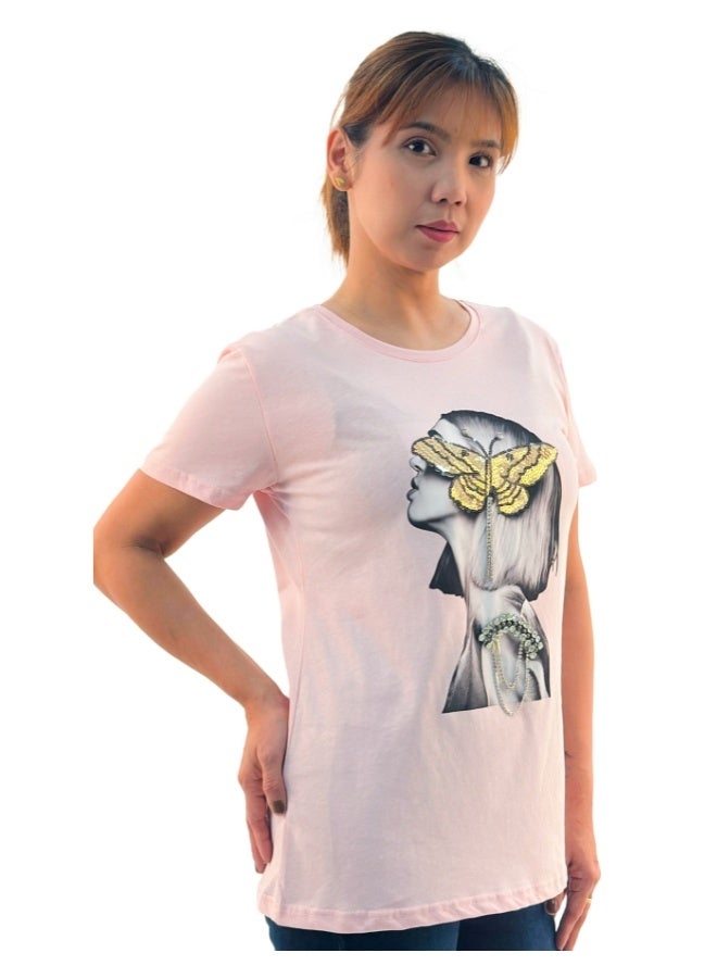 JOANNA W203012 Women's Lady With Butterfly Print Round Neck Short Sleeve T-Shirt - Pink - Image 2