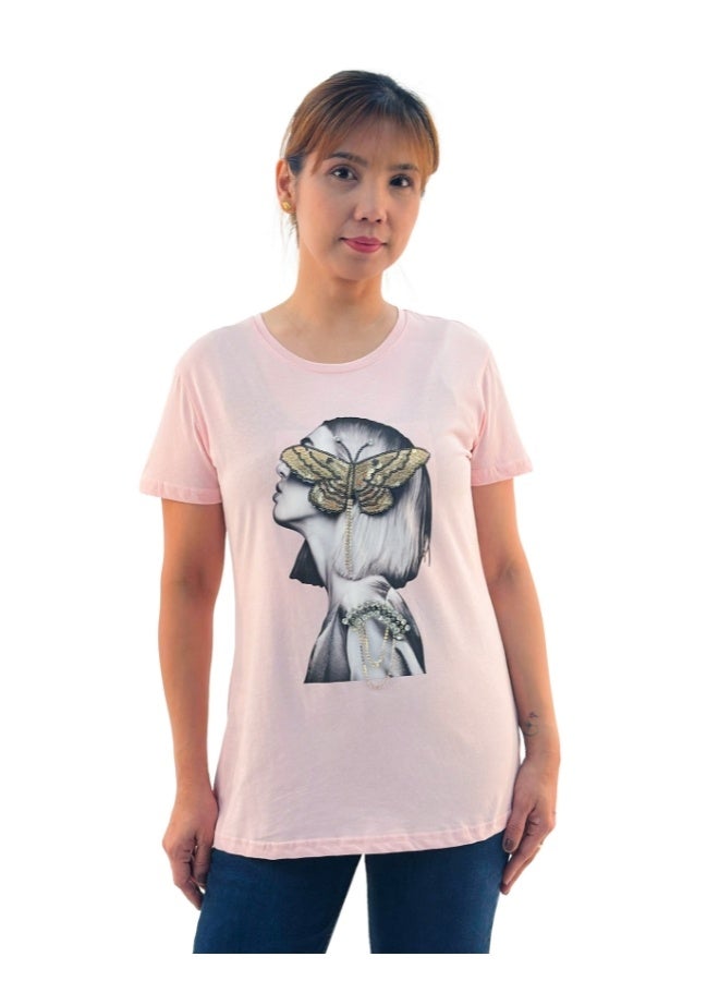 JOANNA W203012 Women's Lady With Butterfly Print Round Neck Short Sleeve T-Shirt - Pink - Image 1