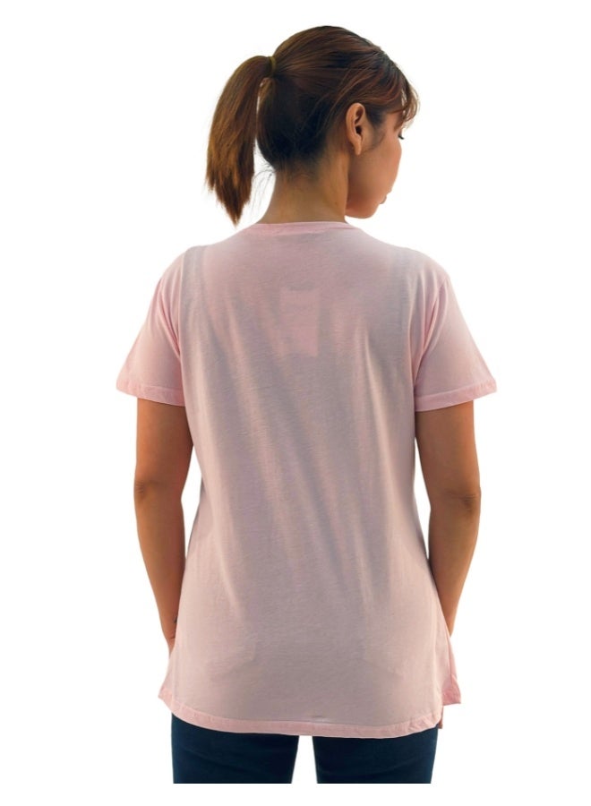 JOANNA W203012 Women's Lady With Butterfly Print Round Neck Short Sleeve T-Shirt - Pink - Image 3