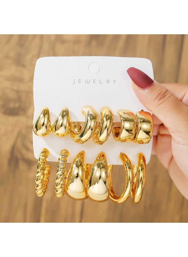 6 Pairs Chunky Golden CCB Earrings Set for Women, Teardrop, Twisted, Ribbed Textured Huggie Earrings  Hoop Set, Vintage Fashion Jewelry Gift for Daily Wear, Eid, Wedding, Party