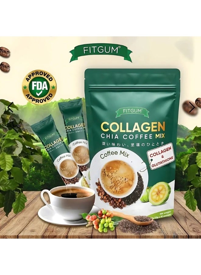 فيتجوم مزيج قهوة "فيت غام" (FitGum) بالكولاجين وبذور الشيا والجلوتاثيون - مشروب قهوة سريعة التحضير بدون سكر مضاف - 120 جم (10 أكياس × 12 جم) - Image 1