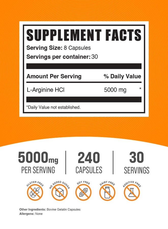 بالك سابلمنتس كبسولات إل-أرجينين هيدروكلوريد من BulkSupplements.com - مكمل أكسيد النيتريك، مكمل أرجينين - خالٍ من الغلوتين، 8 كبسولات لكل جرعة (5000 ملغ)، 240 كبسولة (عبوة واحدة) - Image 2