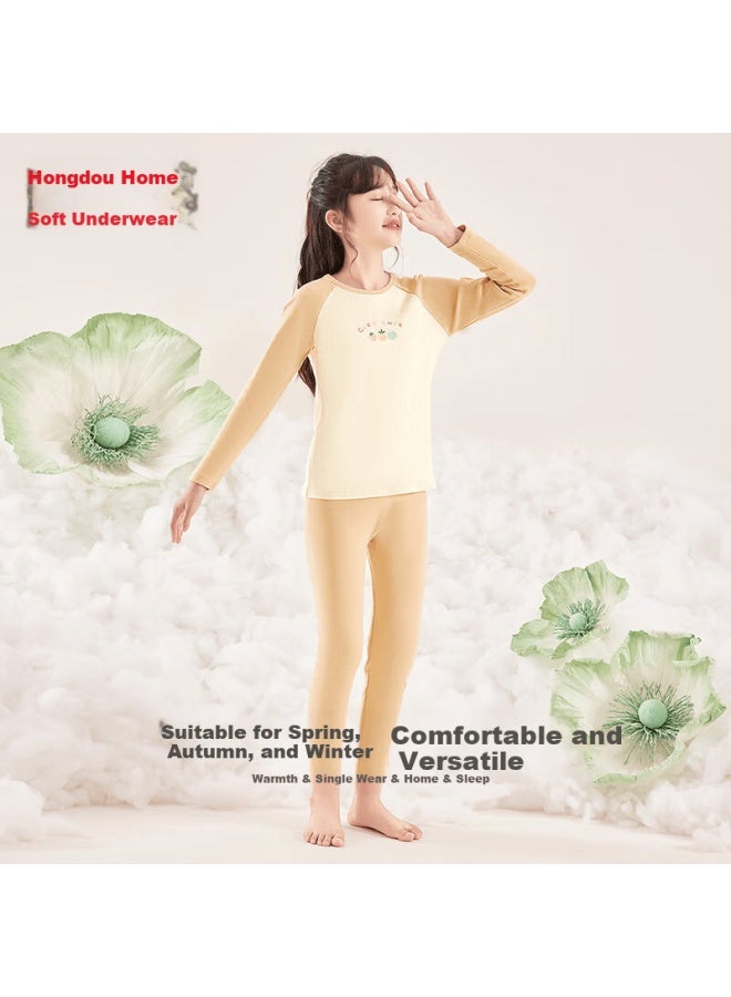 Hodohome Kids Girls Cotton 7a Grade Antibacterial Thin Round Neck Thermal Underwear Set 120 Orange 140