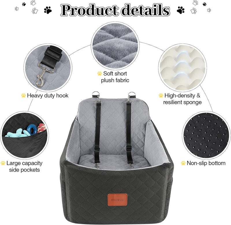 INDYBUD Dog Car Seat for Small Medium Dogs,Detachable Washable Dog Booster Seat Under 35lbs, Pet Car Seat Travel Bed with Storage Pockets and Safety Belt (Black/Grey, Medium) - Image 4