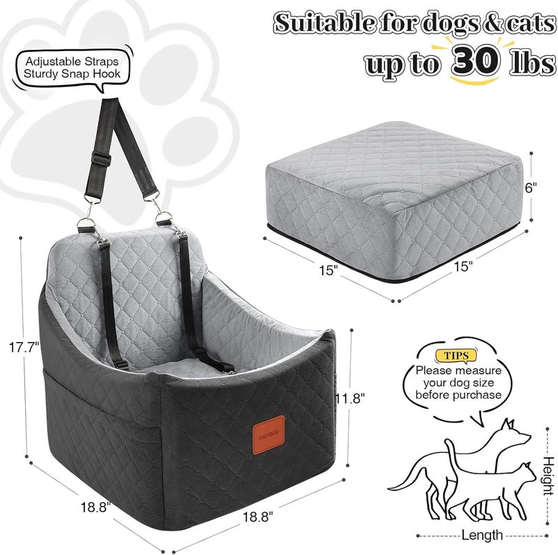 INDYBUD Dog Car Seat for Small Medium Dogs,Detachable Washable Dog Booster Seat Under 35lbs, Pet Car Seat Travel Bed with Storage Pockets and Safety Belt (Black/Grey, Medium) - Image 3