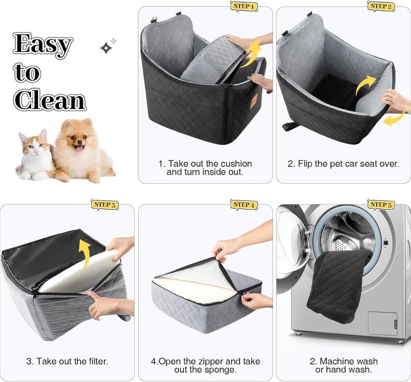 INDYBUD Dog Car Seat for Small Medium Dogs,Detachable Washable Dog Booster Seat Under 35lbs, Pet Car Seat Travel Bed with Storage Pockets and Safety Belt (Black/Grey, Medium) - Image 5