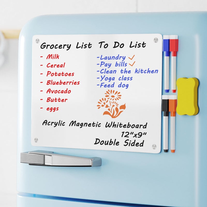 Neatsure Magnetic Whiteboard Fridge Dry Erase Board, Acrylic Glossy White Planning Board for Refrigerator, 12"x9" Small Double Sided Notepad Memo to Do/Grocery List, Include 1 Eraser, 4 Markers - Image 1
