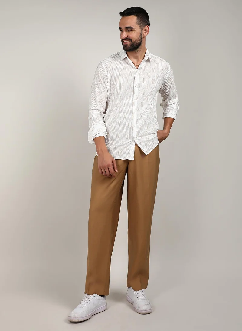 Campus Sutra Men's Chalk White Foil-Pleated Shirt