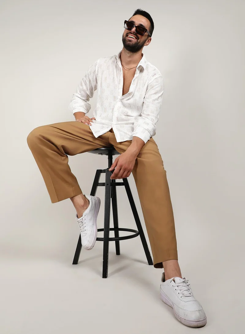 Campus Sutra Men's Chalk White Foil-Pleated Shirt