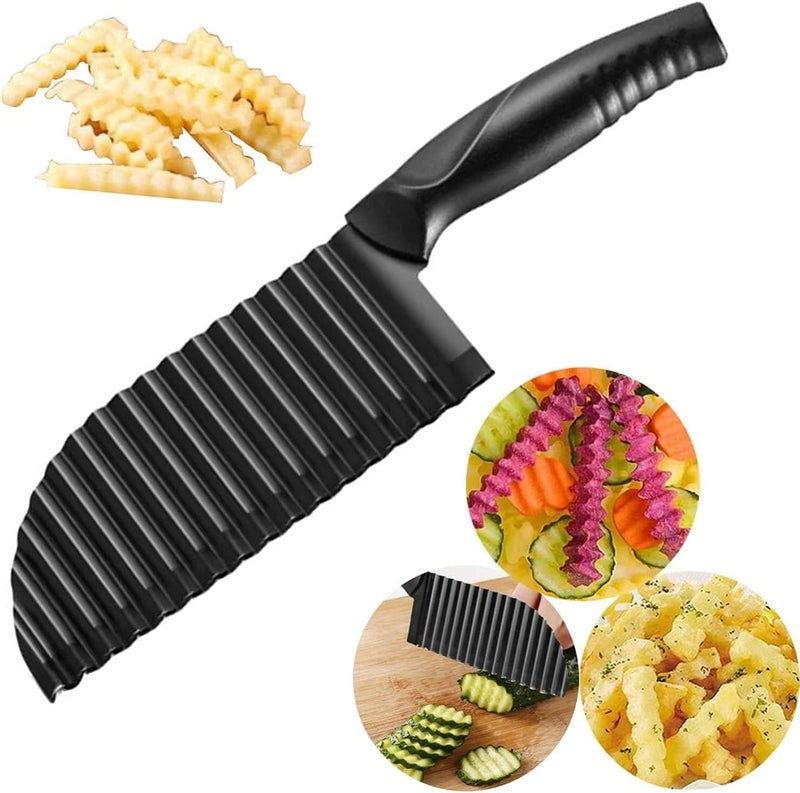 YukaBa Crinkle Potato Cutter 2.9" x 11.8" Stainless Steel Waves French Fries Slicer Handheld Chipper Chopper, Vegetable Salad Chopping Knife Home Kitchen Wavy Blade Cutting Tool, Black (1 Pack) - Image 1