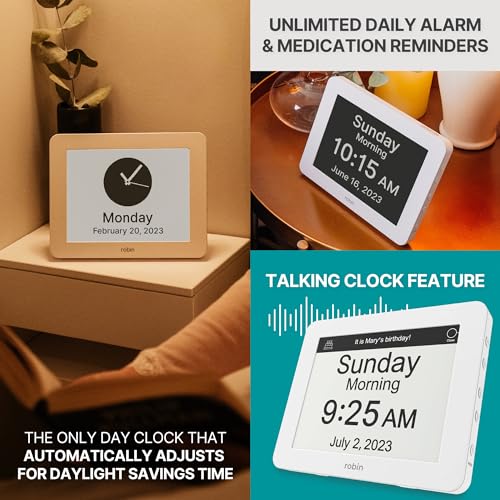 Robin Clock 2025 with Day and Date for Elderly, Clocks for Seniors, Dementia Clock, Digital Calendar Elderly, Bedside Clocks Seniors, Alzheimers Products, Dementia Clocks Extra Large, White - Image 2