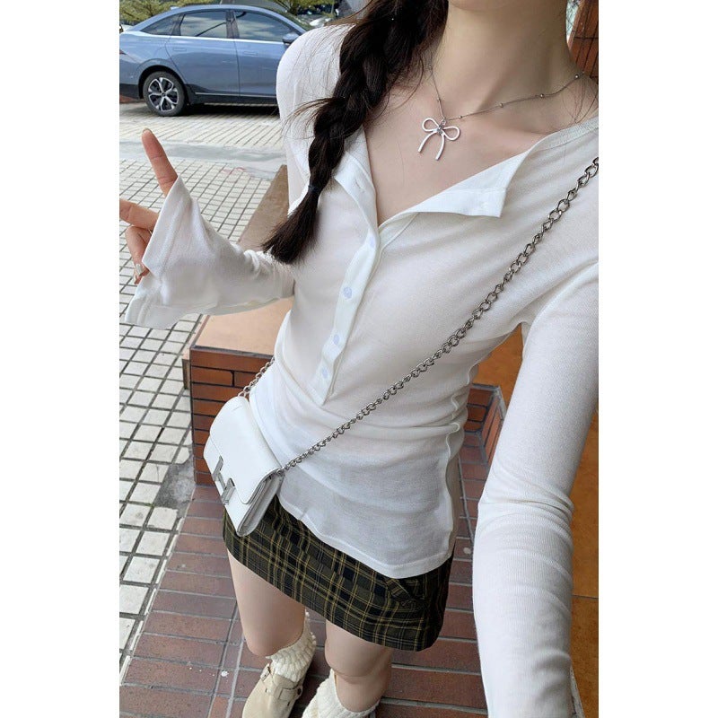 Korean Style New All-match Solid Color Button Horn Design Niche Simple All-match Long-sleeved T-shirt - Image 2