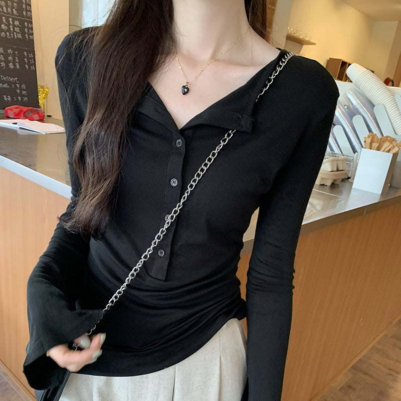Korean Style New All-match Solid Color Button Horn Design Niche Simple All-match Long-sleeved T-shirt - Image 1