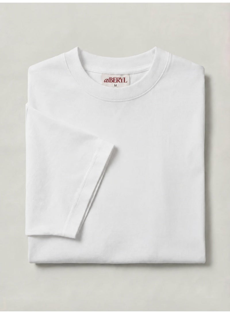 asBERYL Oversized T-Shirt 220 GSM Drop Shoulder Unisex Crew Neck Tee, White - Image 5