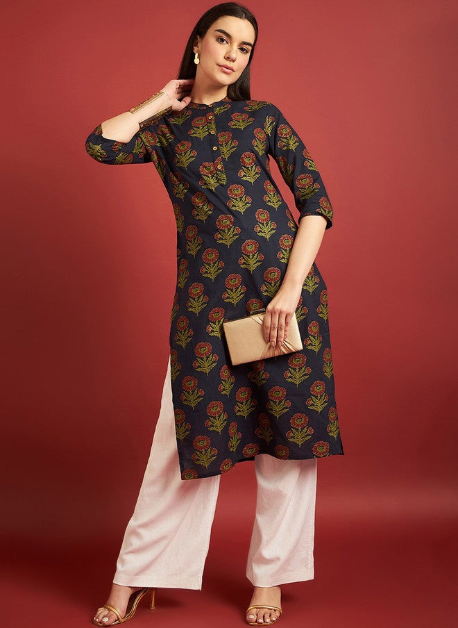Baizee All About You Floral Printed Zari Cotton Mandarin Collar A-Line Kurta - Image 1