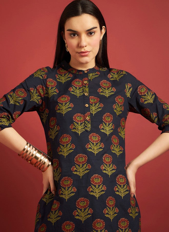 Baizee All About You Floral Printed Zari Cotton Mandarin Collar A-Line Kurta - Image 2