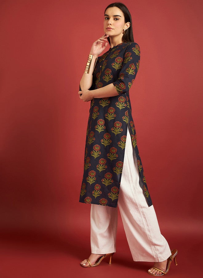 Baizee All About You Floral Printed Zari Cotton Mandarin Collar A-Line Kurta - Image 3