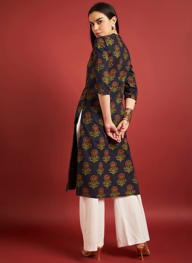 Baizee All About You Floral Printed Zari Cotton Mandarin Collar A-Line Kurta - Image 4
