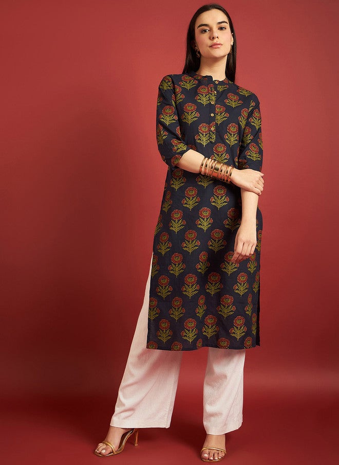 Baizee All About You Floral Printed Zari Cotton Mandarin Collar A-Line Kurta - Image 5