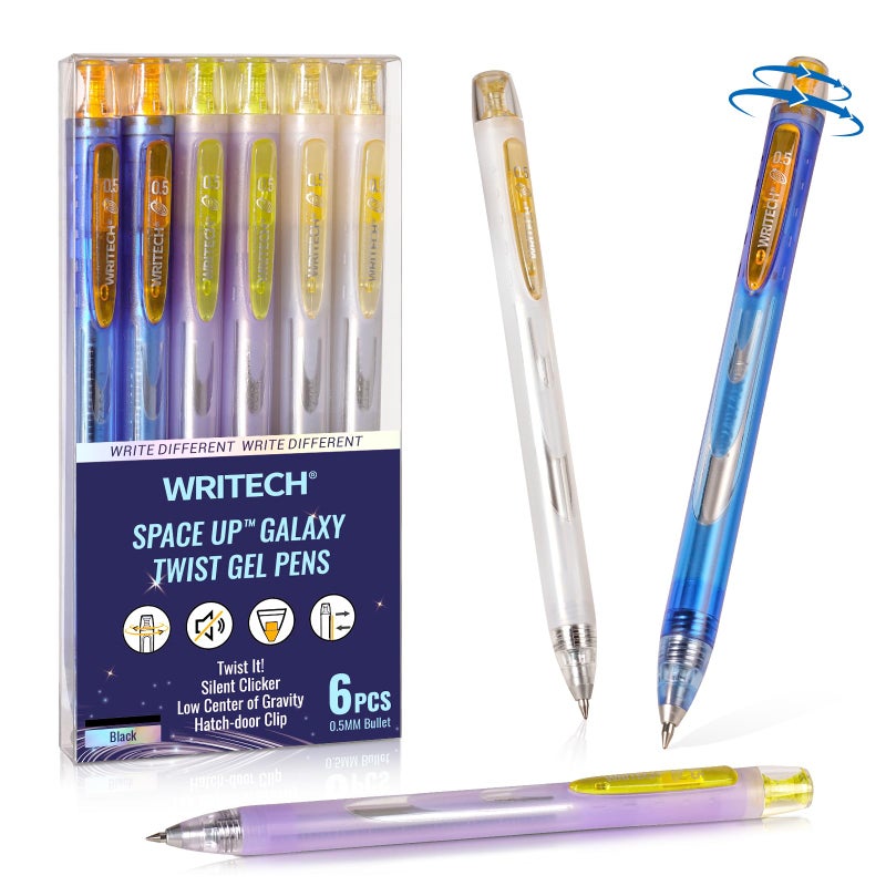 WRITECH Twist Gel Ink Pens: Fine Point 0.5mm Black ink 6ct Low Center of Gravity Rotatable Pen No Smear Silent Click Space Up Gel Galaxy - Image 1