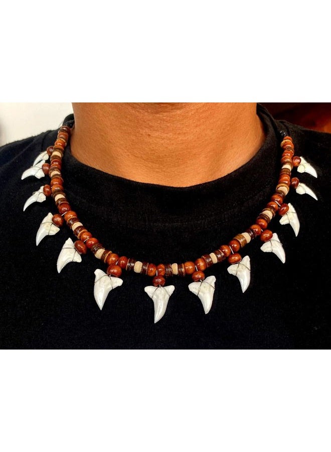 Swimmi Genuine Mako Shark Tooth Pendant Wooden Beads on Adjustable Waxed Cords Beach Surfer Necklace Handmade Men Women Jewelry AA086 - Image 3