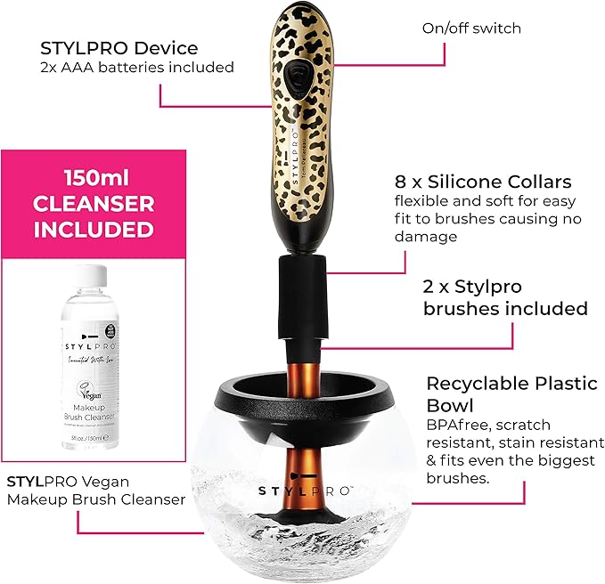 StylPro Gift Set Kit Electric Makeup Brush Cleaner and Dryer Machine with 8 Brush Collars Brush Cleanser Fast Automatic Spinning Brush Cleaner with HeatResistant Bowl ROSE GOLD - Image 2
