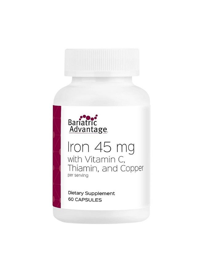 Bariatric Advantage مكمل الحديد باريتريك أدفانتج 45 ملغ مع فيتامين C، ثيامين ونحاس لزيادة الامتصاص والاستخدام، سهل الهضم لمرضى جراحة تحويل مسار المعدة واستئصال المعدة بالمنظار - 60 حبة - Image 1