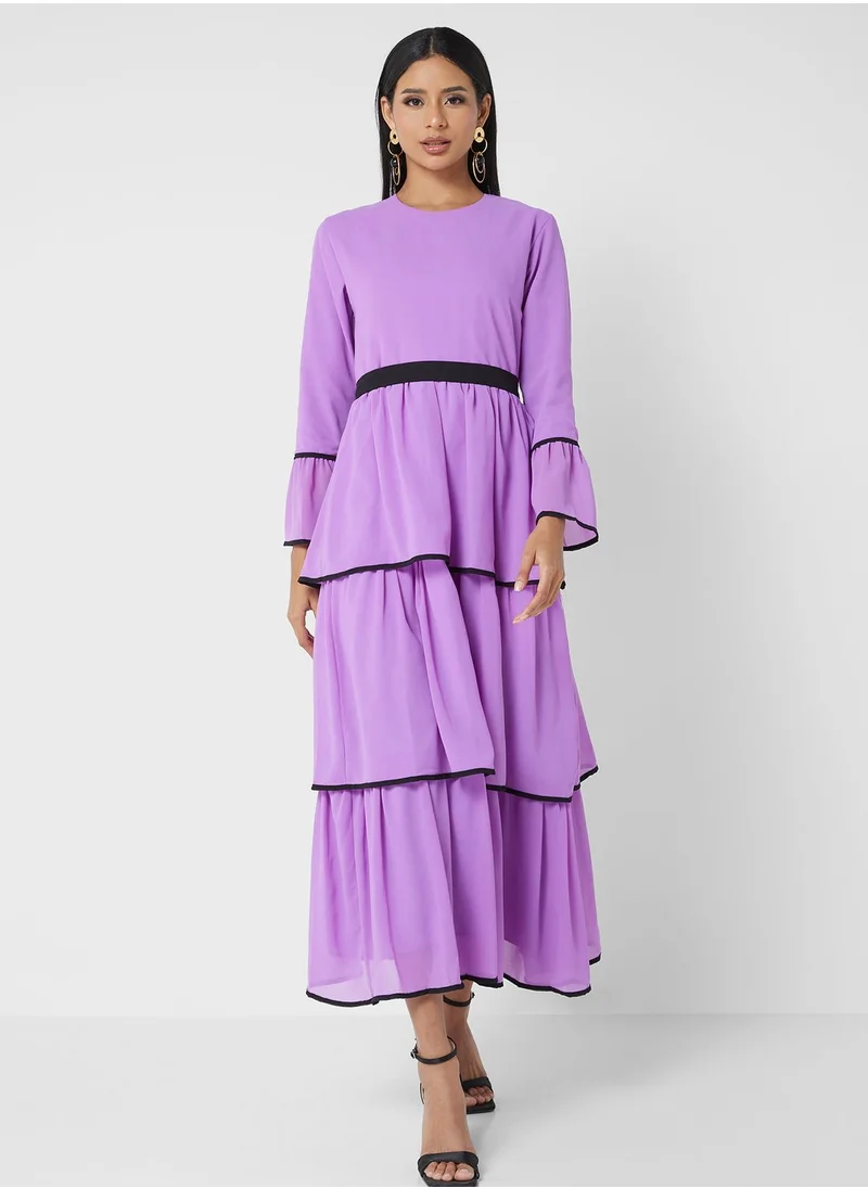 Khizana Layered Dress With Contrast Piping