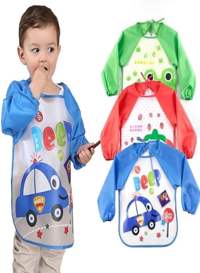 BabyGo Washable 3 Pcs Long Sleeve Bibs, Waterproof Baby Bibs, Toddler Sleeved Bib, Baby Smock for Eating Feeding, 6-24 Months (Multicolor)