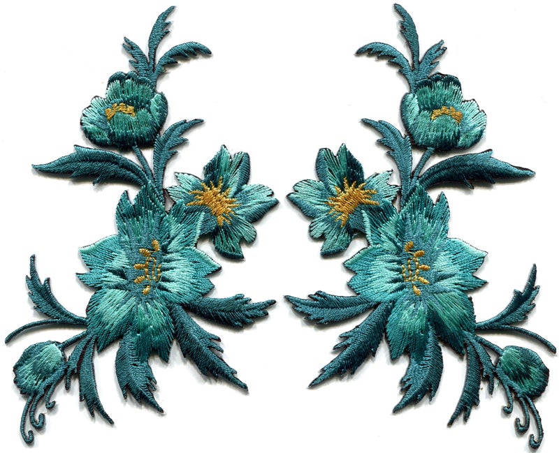 TKPatch Blue Green Teal Flowers Pair Floral Bouquet Boho Embroidered Appliques Iron-on Patches S-804 - Image 3