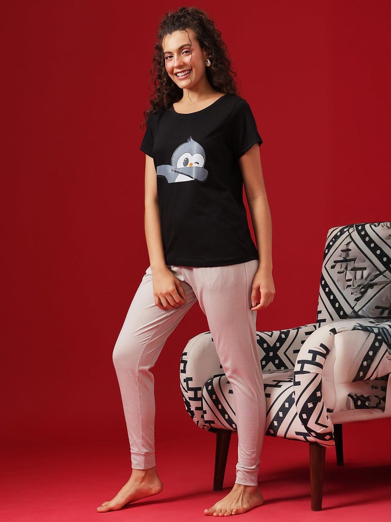 Clovia Women's Cotton Printed Top & Basic Pyjama Set (LS0581P13_Black_L) - Image 2