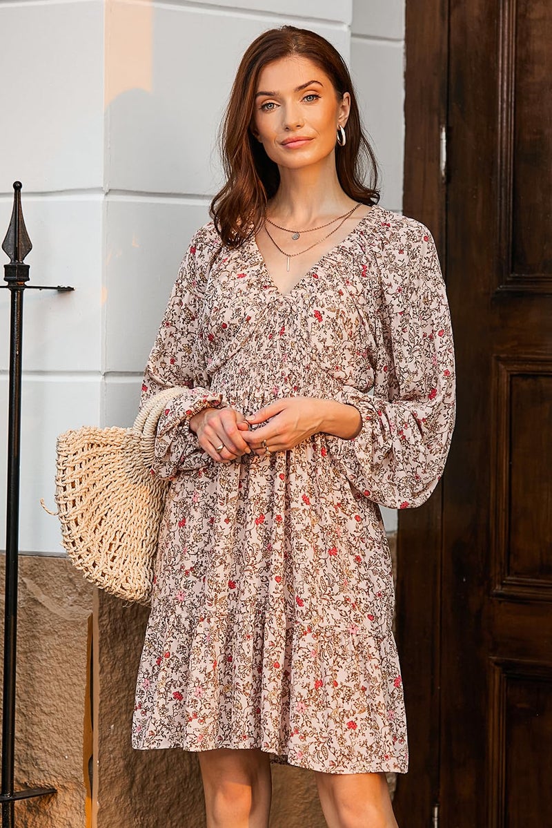 Dokotoo Summer Dresses for Women Casual Boho Floral Western Deep V Neck Long Sleeve Smocked Elastic Waist A-Line Swing Babydoll Mini Easter Dress Flowy Bohemian Resort Wear Sundresses Orange Small - Image 3