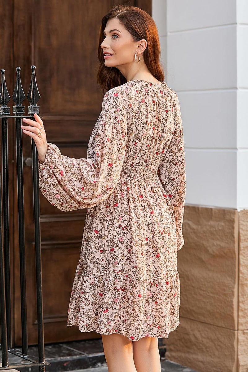 Dokotoo Summer Dresses for Women Casual Boho Floral Western Deep V Neck Long Sleeve Smocked Elastic Waist A-Line Swing Babydoll Mini Easter Dress Flowy Bohemian Resort Wear Sundresses Orange Small - Image 5