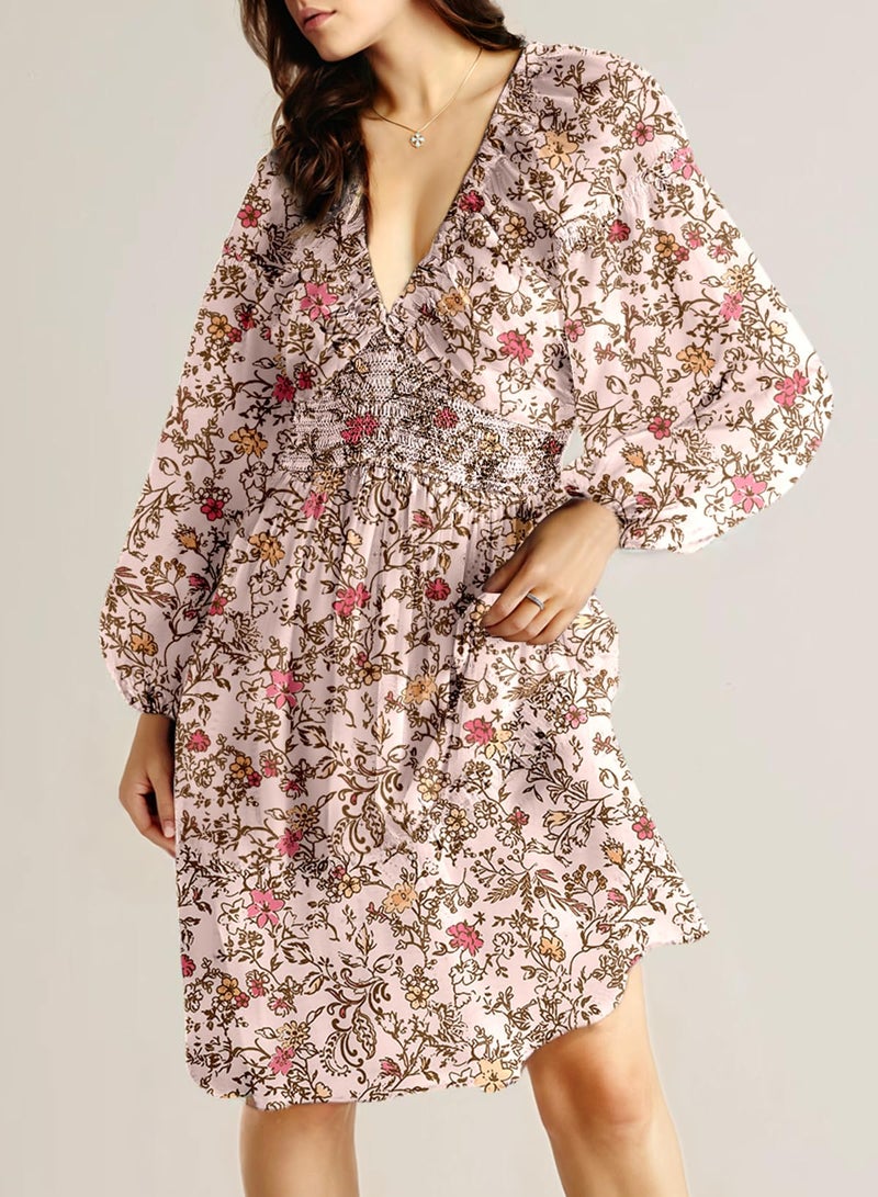 Dokotoo Summer Dresses for Women Casual Boho Floral Western Deep V Neck Long Sleeve Smocked Elastic Waist A-Line Swing Babydoll Mini Easter Dress Flowy Bohemian Resort Wear Sundresses Orange Small - Image 2