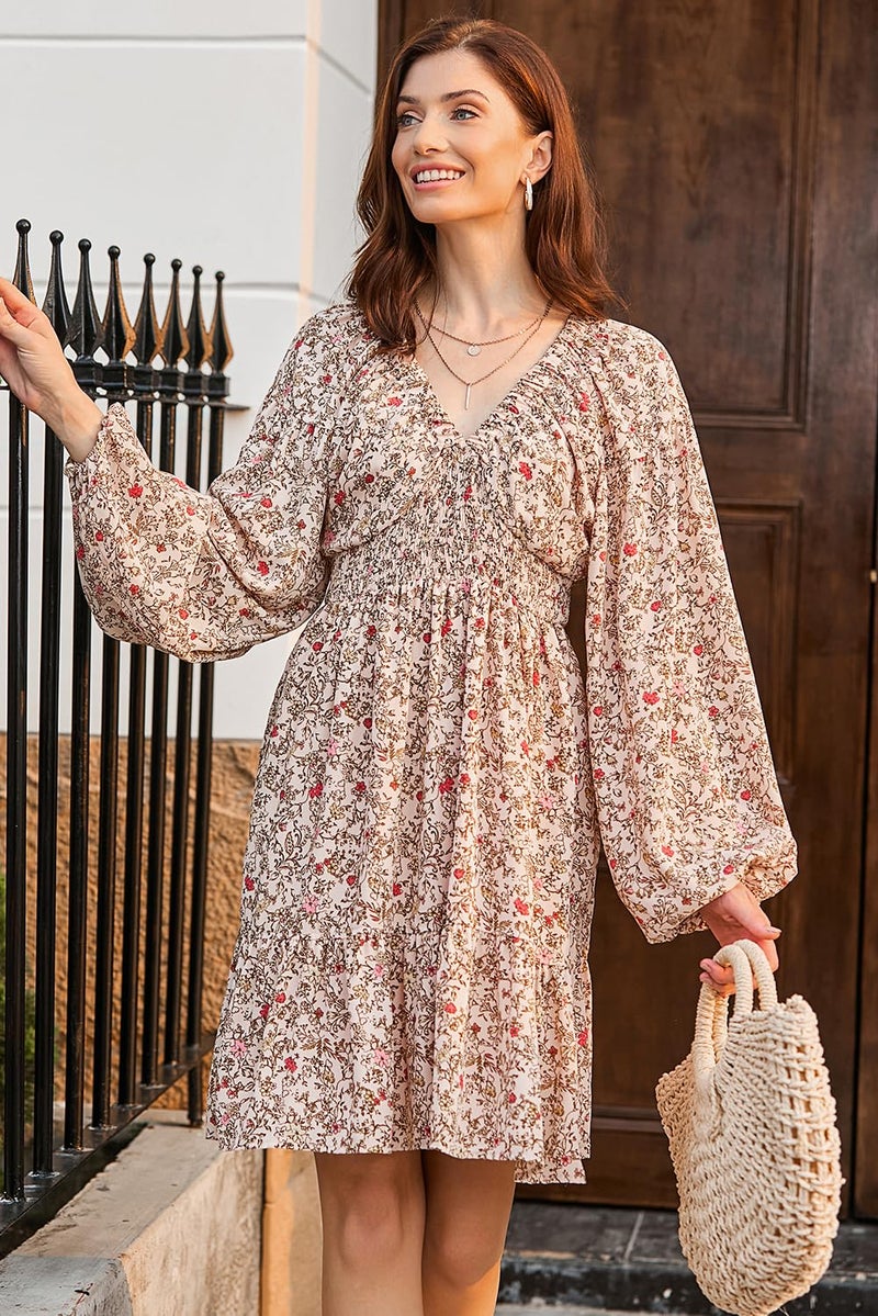 Dokotoo Summer Dresses for Women Casual Boho Floral Western Deep V Neck Long Sleeve Smocked Elastic Waist A-Line Swing Babydoll Mini Easter Dress Flowy Bohemian Resort Wear Sundresses Orange Small - Image 4