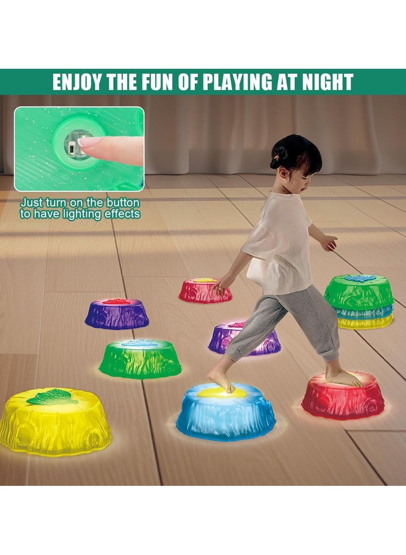 ستون حجارة خطوة للأطفال ، 8 حجارة خطوة التوازن المضاءة المضادة للانزلاق ، حجارة خطوة الحسية التي تعزز مهارات التوازن والتنسيق للأطفال ، ألعاب الألعاب الحسية القابلة للتراكم ، ألعاب لعبة دورة العقبات الداخلية والخارجية - Image 5