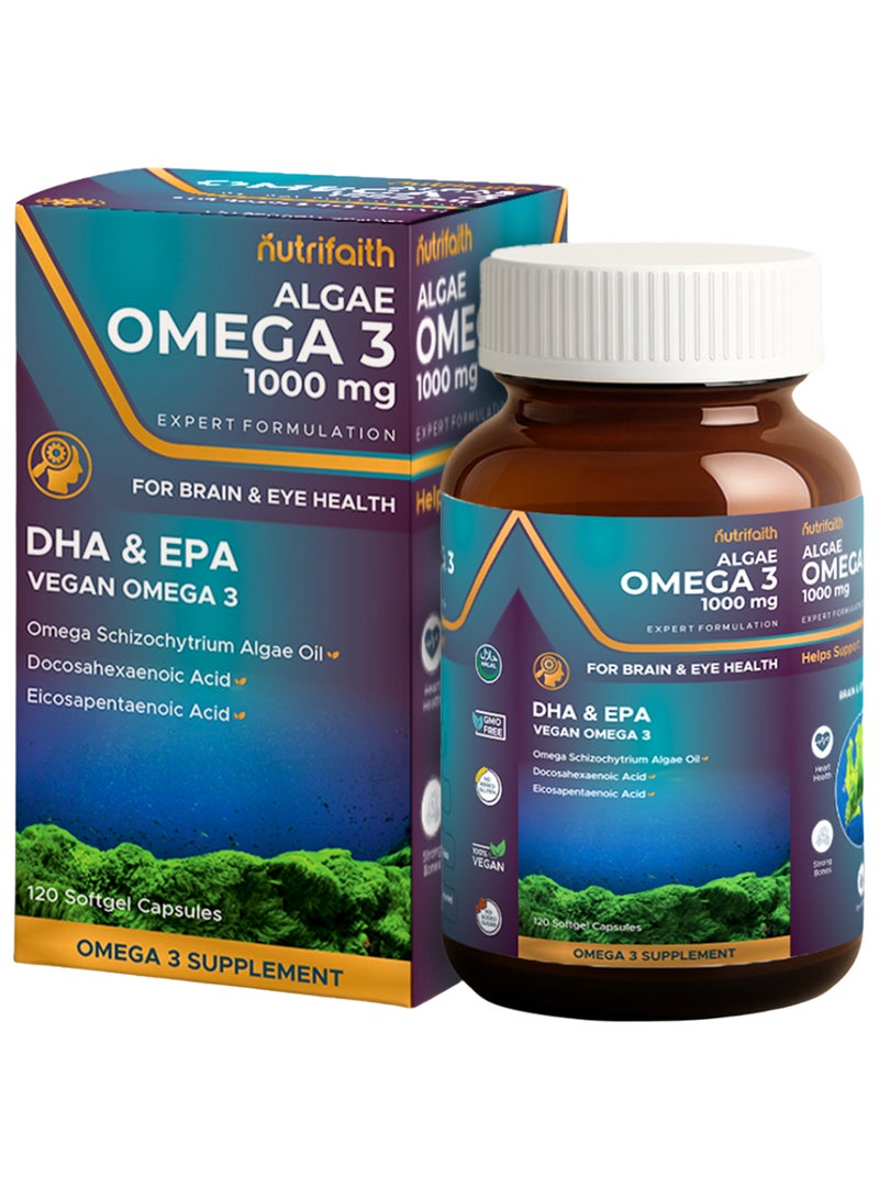 Nutrifaith Algae Omega-3 1000 mg – Vegan DHA & EPA Supplement for Heart, Brain & Eye Health – 120 Capsules - Image 1