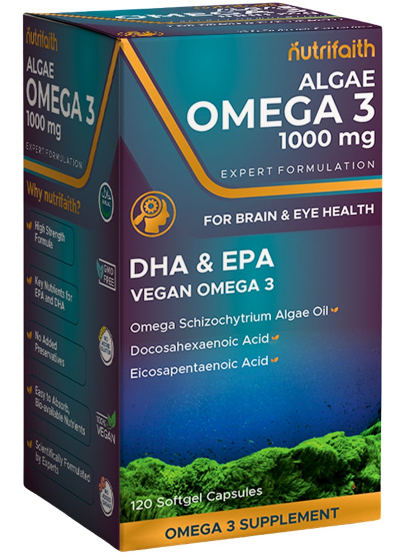 Nutrifaith Algae Omega-3 1000 mg – Vegan DHA & EPA Supplement for Heart, Brain & Eye Health – 120 Capsules - Image 2