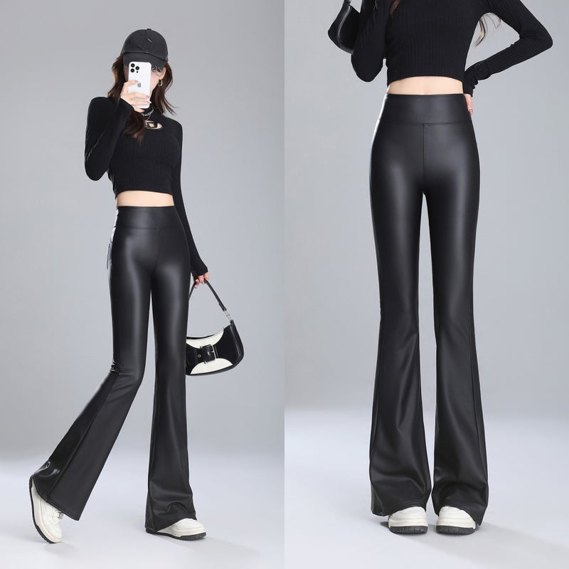 fleece-lined Leather Pants Outer Wear Autumn and Winter Thickened High Waist Flared Pants Slimming Casual Floor Trousers 2024 New Arrival Micro-pants Black [with back pocket]] 