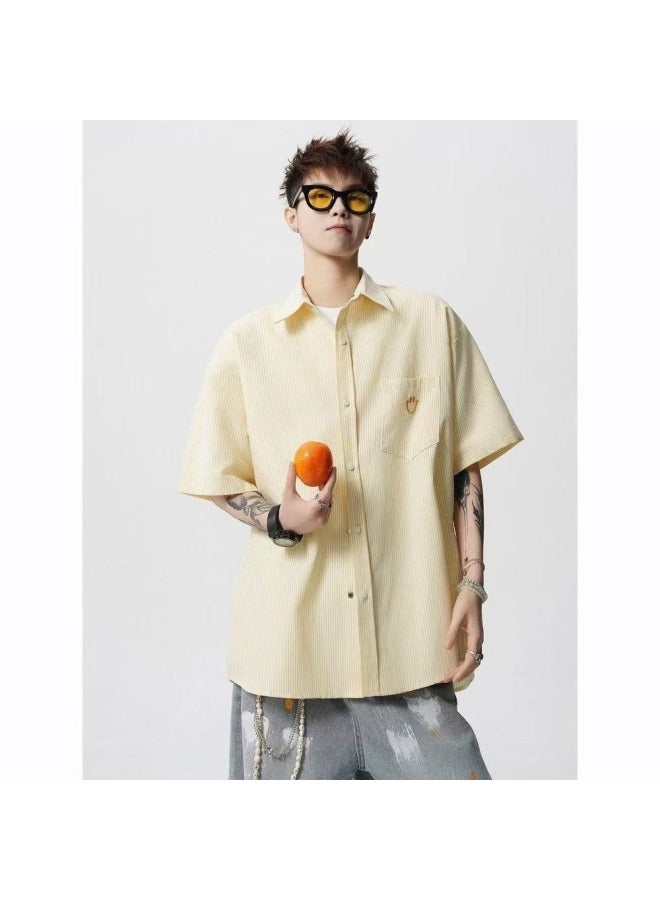 Embroidered Short-sleeved Shirt Men's Summer High Street Retro European Style Shirt College Style Casual Jacket