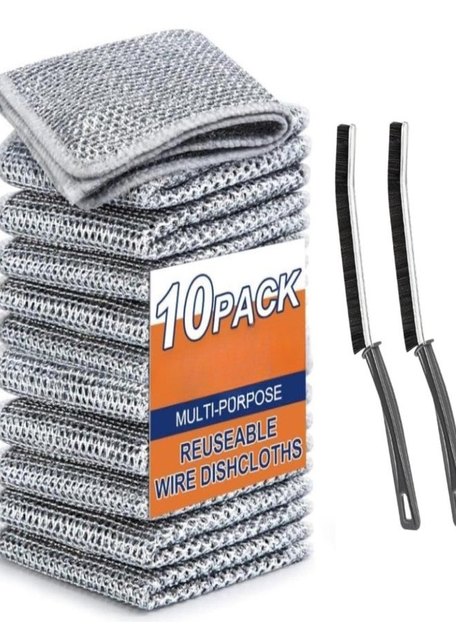 VLSYS Pack of 10 Non Scratch Wire Dish Scrub Kitchen Cloth Scrubber for Cleaning,Mesh Cloth Scrub for Washing Utensils, Dishwashing Metal Steel Rag Clothes for Dishwash with Free 2 Gap Cleaning Brush - Image 1