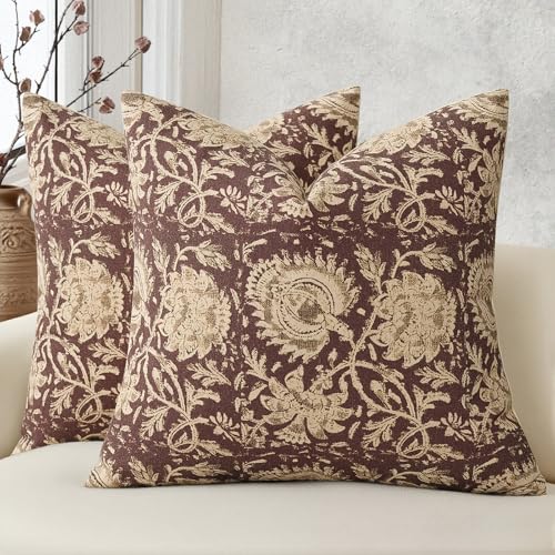 DKwizme Vintage Floral Print Throw Pillow Covers 18x18 Set of 2 Neutral Modern Farmhouse Pillowcases Accent Decorative Cushion Covers Boho Home Decor for Couch Sofa Chair Bed Living Room, Oxblood - Image 1
