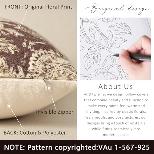 DKwizme Vintage Floral Print Throw Pillow Covers 18x18 Set of 2 Neutral Modern Farmhouse Pillowcases Accent Decorative Cushion Covers Boho Home Decor for Couch Sofa Chair Bed Living Room, Oxblood - Image 3