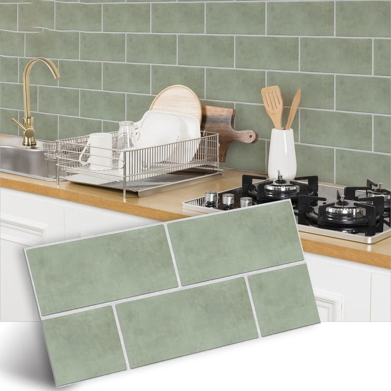 Alwayspon Vinyl Floor Tile Stickers, Non-Slip, Self-Adhesive Back Tile Stickers for Kitchen, Bathroom, Self-Adhesive Peel and Stick, PVC DIY, Sage Green, 30 x 15 cm x 4 Pieces - Image 1