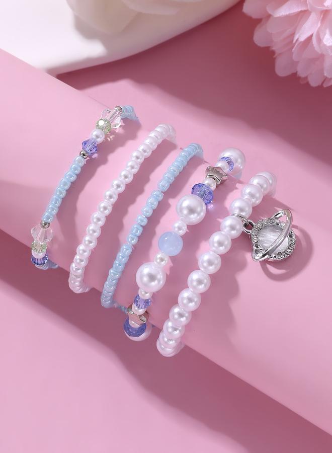 Take Two Pack of 5 - Girls Multi-Color Beaded Bracelets with Planet and Star Charms - Image 1