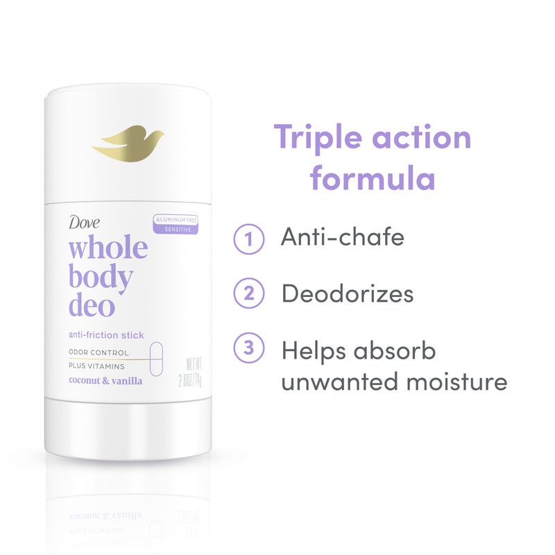Dove دوف مزيل العرق للجسم بالكامل خالي من الألمنيوم مضاد للاحتكاك عصا جوز الهند + الفانيليا للتحكم في الروائح طوال اليوم 2.6 أونصة - Image 3